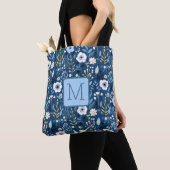 Tote Bag Monogramme Bloc de Couleur Fleurs Bleues, Blanches (De près)