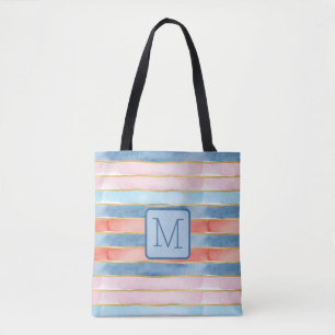 Tote Bag Monogramme Bloc de Couleur Rayures Aquarelle Bleu