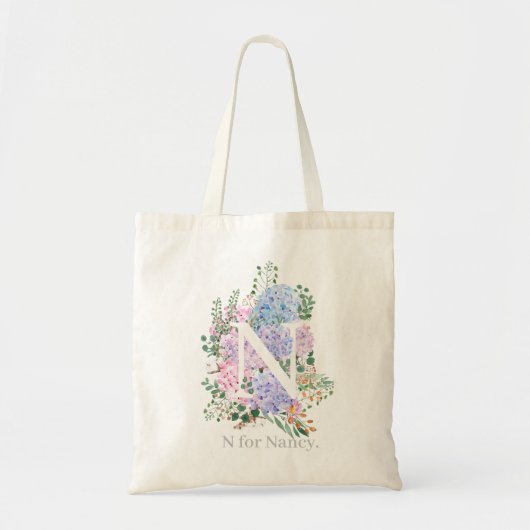Tote Bag monogramme botanique alphabet n fleurs d'hydrangée (Devant)