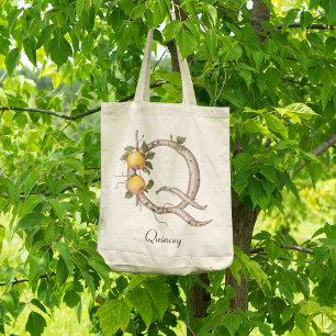 Tote Bag Monogramme Botanique Élégant de Fruit de Coing Q P