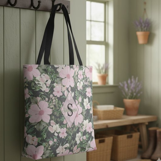 Tote Bag Monogramme botanique rose vintage
