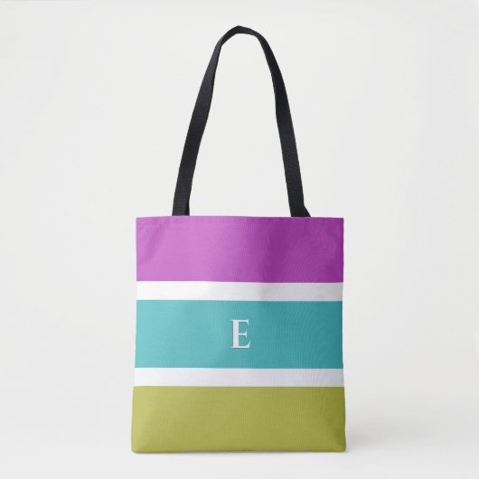Tote Bag Monogramme brillant rayé rose bleu vert motif (Devant)