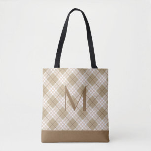 Tote Bag Monogramme Brown Tan Beige Tartan Buffalo Plaid