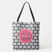 Tote Bag Monogramme Caméra gris Motif et rose Nom personnal (Dos)