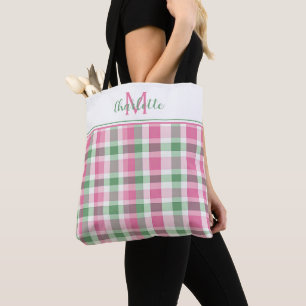 Tote Bag Monogramme carreaux rose et vert Prépa