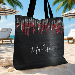 Tote Bag Monogramme chic noir et rouge à paillettes d'argen