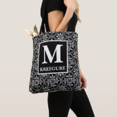 Tote Bag Monogramme classique Serif BW Thistle Damask (De près)