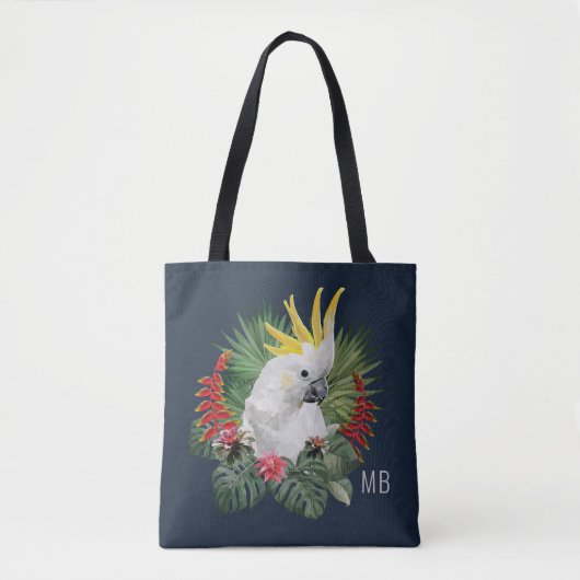 Tote Bag Monogramme Cockatoo Oiseau Fleurs tropicales Éléga (Devant)