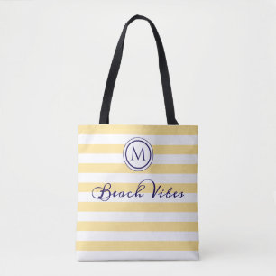 Tote Bag Monogramme côtier à rayures jaunes et blanches Vib