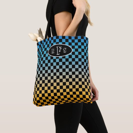 Tote Bag Monogramme Coucher de Soleil Bleu et Jaune à Damie (De près)
