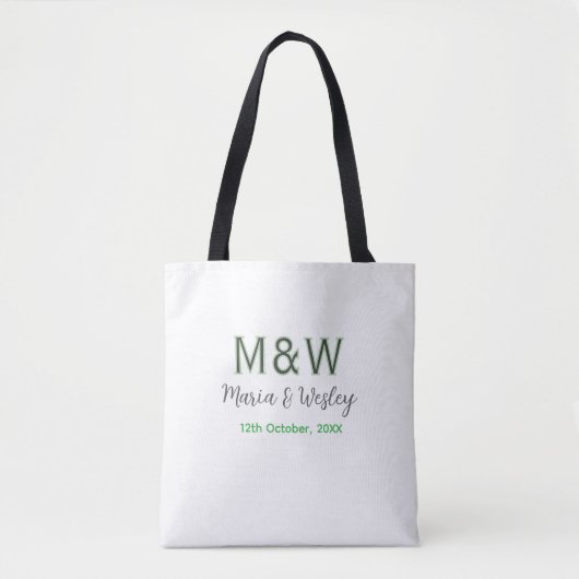 Tote Bag Monogramme couple gris vert moderne date romantiqu (Devant)