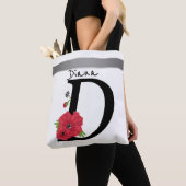 Tote Bag Monogramme D, lettre D, fleurs, monogramme (De près)