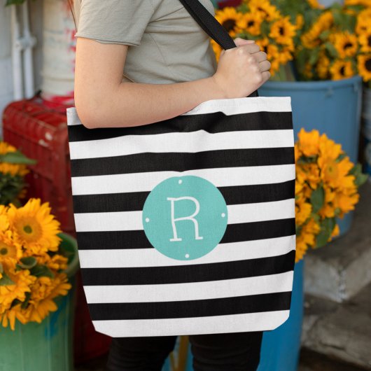 Tote Bag Monogramme d'aqua à rayures noir et blanc