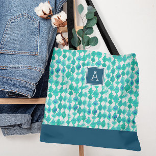 Tote Bag Monogramme d'aquarelle bleu et aqua Abstrait