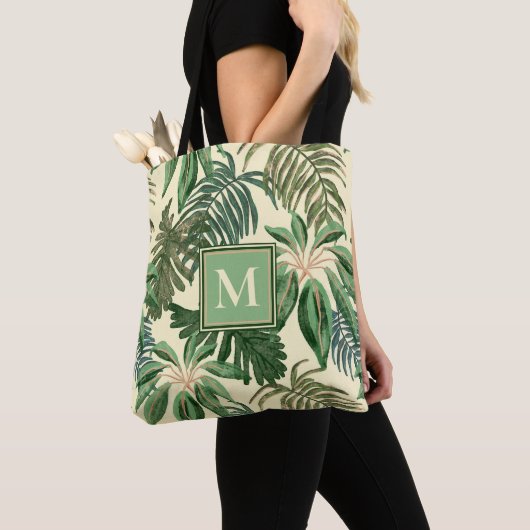 Tote Bag Monogramme d'aquarelle des Feuilles de palmiers tr (De près)