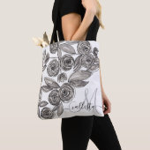 Tote Bag Monogramme d'aquarelle florale noir moderne (De près)