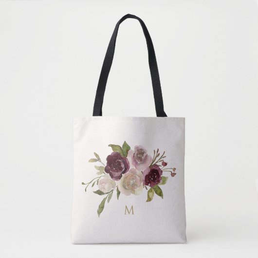 Tote Bag Monogramme d'aquarelle florale rose-bourgogne mode (Devant)