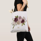 Tote Bag Monogramme d'aquarelle florale rose-bourgogne mode (De près)