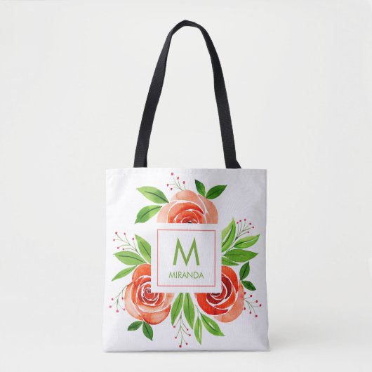 Tote Bag Monogramme d'aquarelle Rose de la pêche-corail per (Devant)
