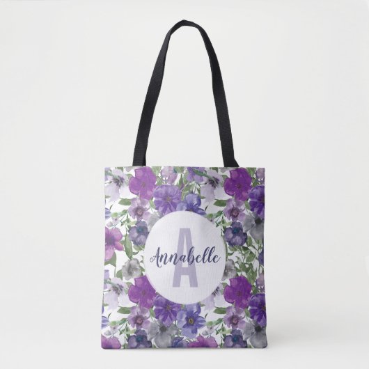 Tote Bag Monogramme d'aquarelle Vintage violet rustique (Devant)
