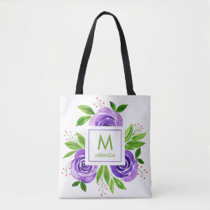 Tote Bag Monogramme d'aquarelle violet Rose personnalisé