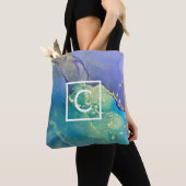 Tote Bag Monogramme d'art Abstrait violet bleu et or (De près)