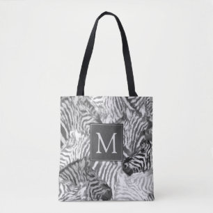 Tote Bag Monogramme d'art de zèbre abstrait noir et blanc