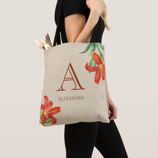 Tote Bag Monogramme d'art floral de la Lily orange d'aquare (De près)