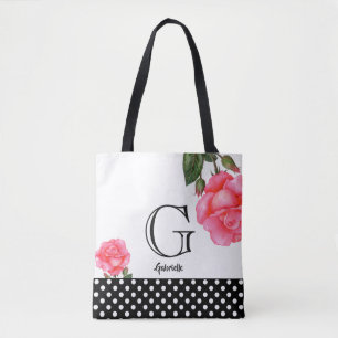 Tote Bag Monogramme d'art floral Roses roses d'aquarelle ro