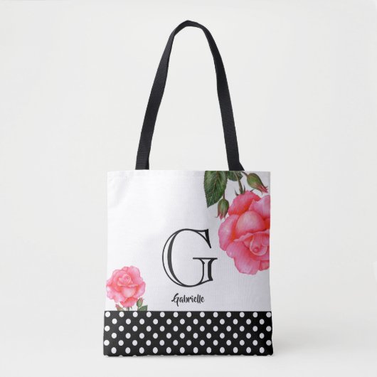 Tote Bag Monogramme d'art floral Roses roses d'aquarelle ro (Devant)