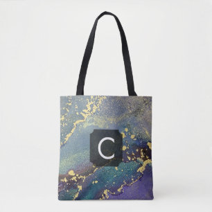 Tote Bag Monogramme d'art liquide violet, Turquoise et or