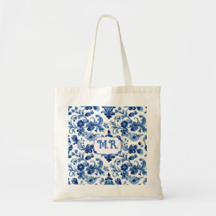 Tote Bag Monogramme de carreau floral bleu méditerranéen