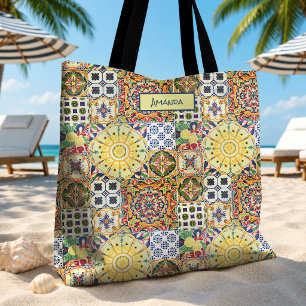 Tote Bag Monogramme de carreaux méditerranéens orange géomé