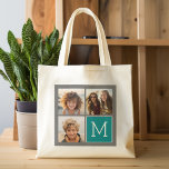 Tote Bag Monogramme de collection de photos Turquoise et gr<br><div class="desc">Utilisez 3 photos carrés pour créer un cadeau unique et personnel. Ou vous pouvez garder le chiot hipster et faire un gardien branché. Si vous avez besoin d'ajuster les images,  cliquez sur l'outil personnaliser pour apporter des modifications.</div>
