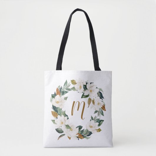 Tote Bag Monogramme de couronne d'aquarelle Magnolia (Devant)