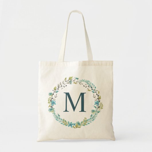 Tote Bag Monogramme de couronne florale bleu lunaire (Devant)