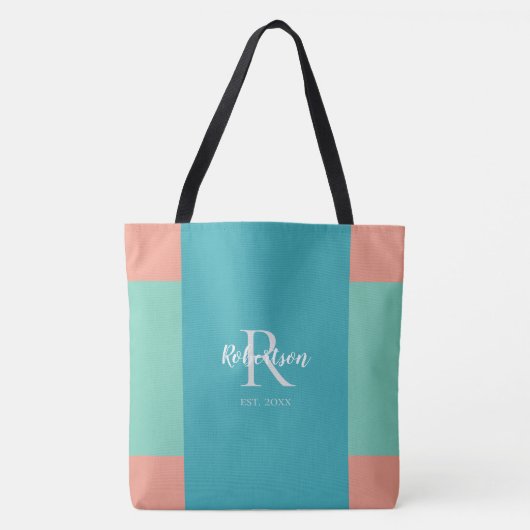 Tote Bag Monogramme de famille moderne Turquoise, bleu et r (Devant)
