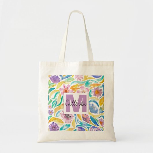 Tote Bag Monogramme de fleurs d'aquarelle jaune pourpre pri (Devant)