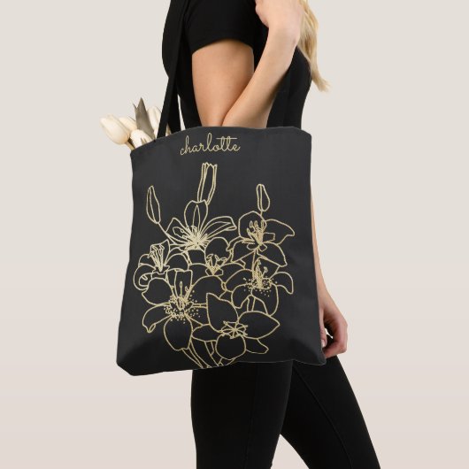 Tote Bag Monogramme de fleurs d'or (De près)