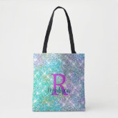 Tote Bag Monogramme de la fausse parties scintillant bleue (Devant)