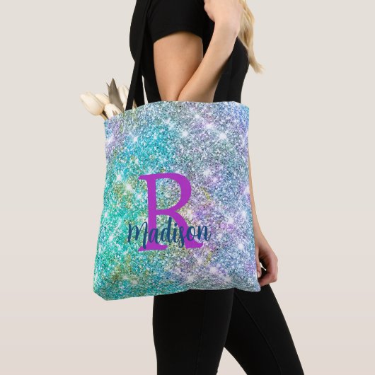 Tote Bag Monogramme de la fausse parties scintillant bleue (De près)