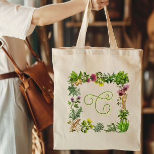 Tote Bag Monogramme de la frontière herbacée initial