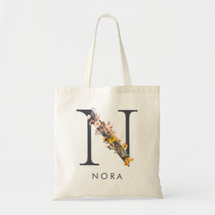 Tote Bag Monogramme de lettre N de fleur sauvage boho
