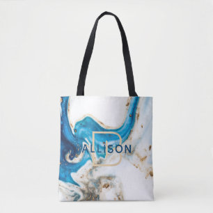 Tote Bag Monogramme de Marbre blanc d'or bleu Abstrait
