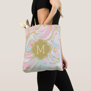 Tote Bag Monogramme de marbre d'encre bleu or rose