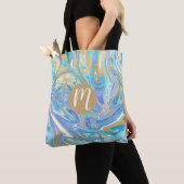 Tote Bag Monogramme de marbre liquide Pearlescent Aqua & Go (De près)