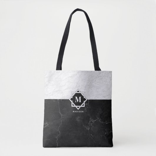 Tote Bag Monogramme de marbre noir et blanc (Devant)