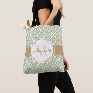 Tote Bag Monogramme de menthe d'or de motif de Quatrefoil