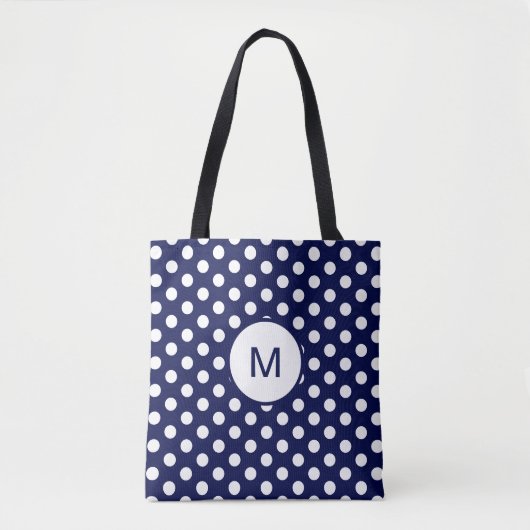 Tote Bag Monogramme de motif de point de polka de bleu (Devant)