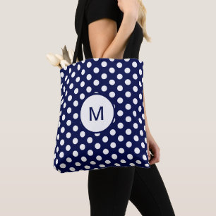 Tote Bag Monogramme de motif de point de polka de bleu